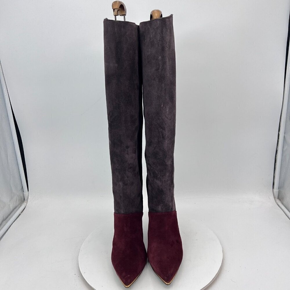Tory Burch Lila 90mm Women Size 6M Burgundy Grey Black Suede Knee High Boot - Picture 2 of 15